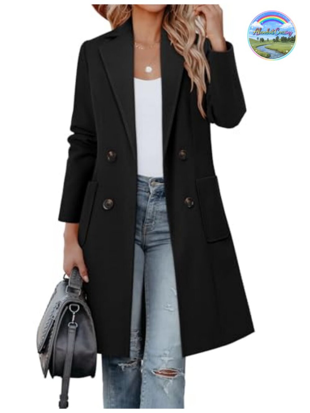 Women's Long Double Breasted Peacoat Notched Lapel Winter Coat